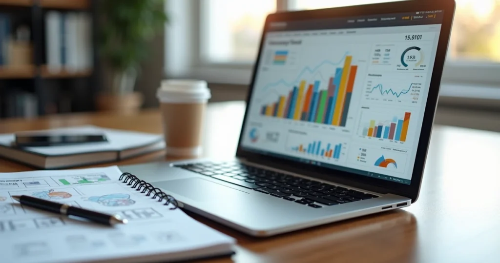 Mesa de trabalho com laptop mostrando gráficos de crescimento de SEO e notebook ao lado com anotações estratégicas de marketing digital