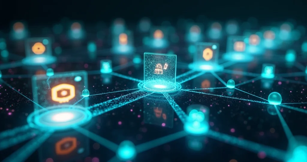 Ilustração ultra detalhada de uma rede digital conectando diversos sites com linhas brilhantes simbolizando backlinks em SEO